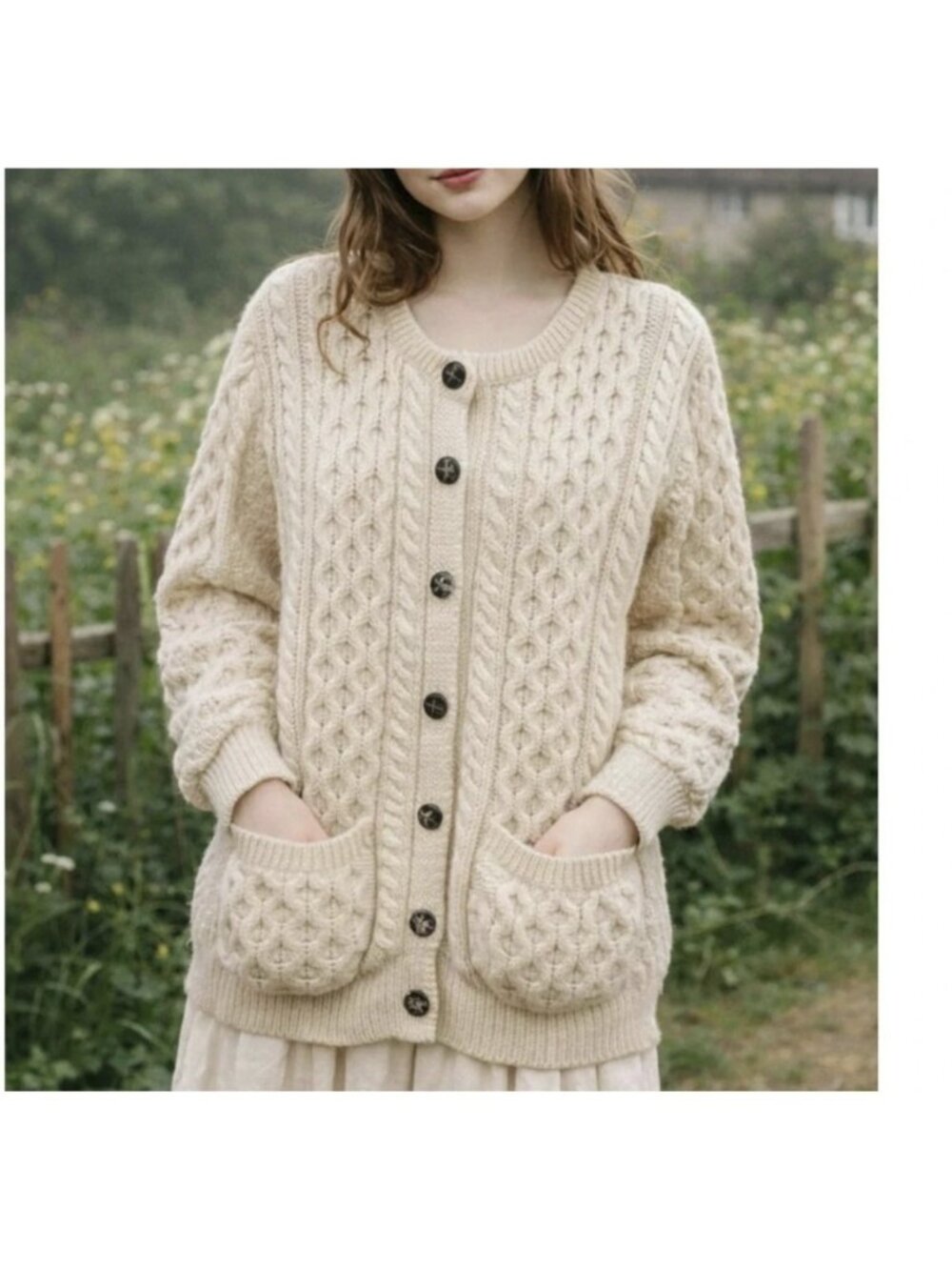 Aran Crafts Ireland Cardigan Women's XS Cream Cable Knit 100% Merino Wool